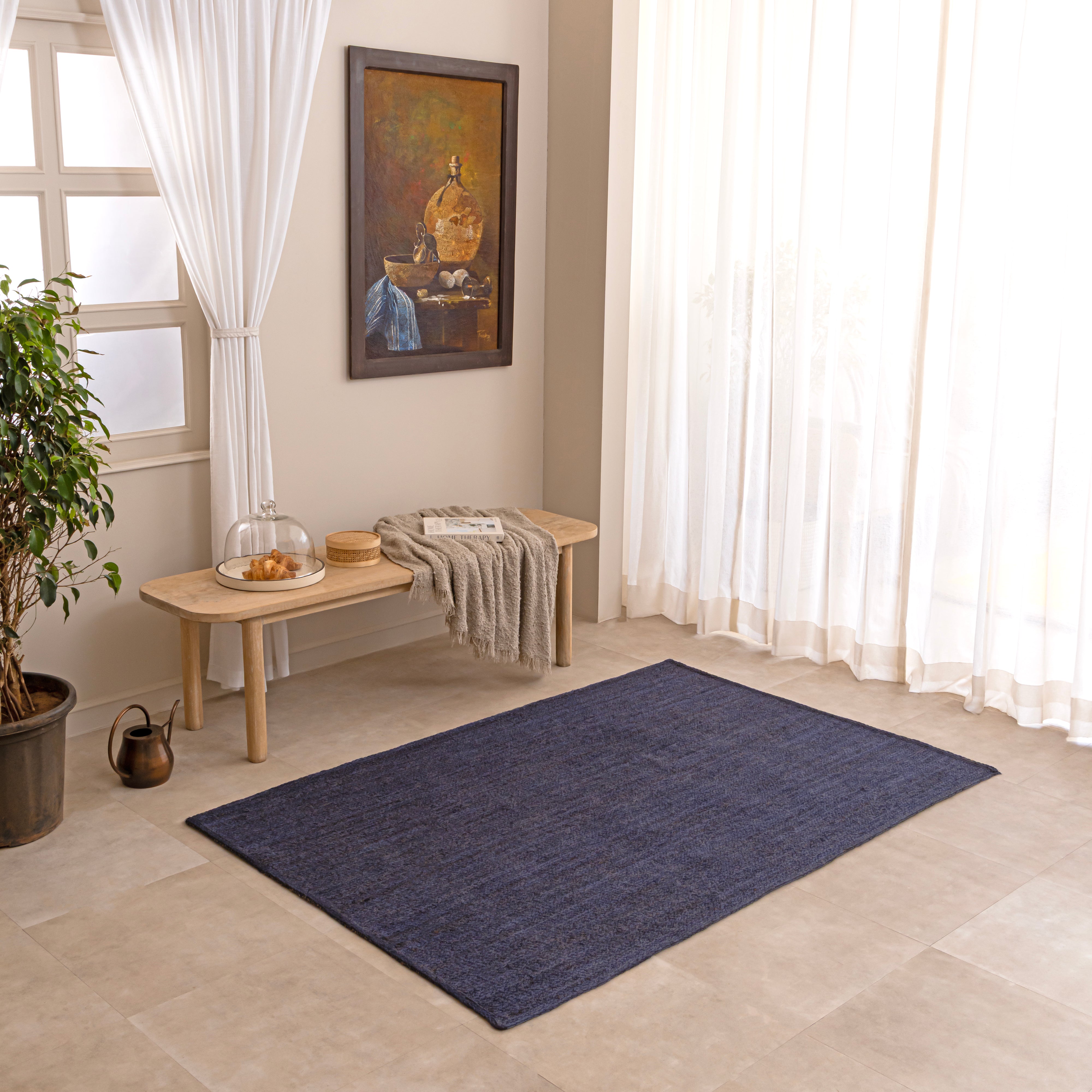 Deep Blue Braided Jute Rug Minimalist Modern Boho Decor Accent