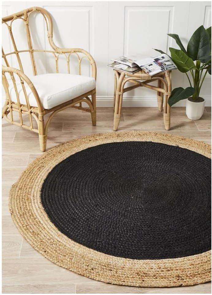 Handwoven Round Jute Rug Two-Tone Black & Natural Braided Area Rug