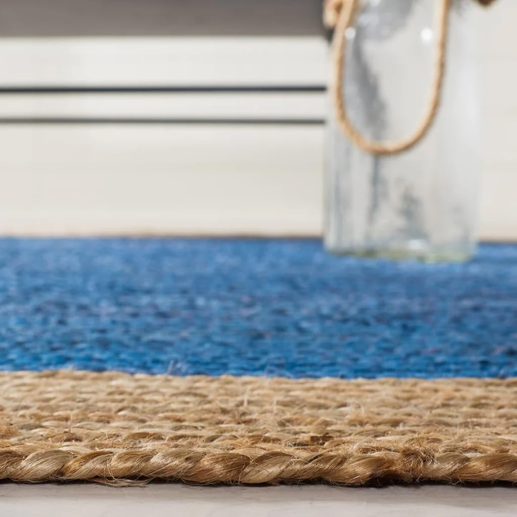 Handwoven Round Jute Rug Royal Blue & Natural Two-Tone Braided Area Rug