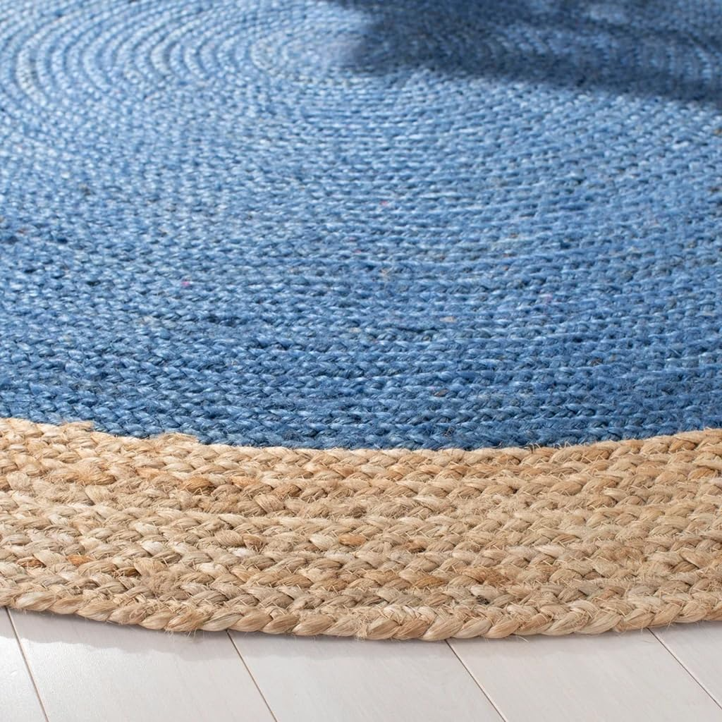 Handwoven Round Jute Rug Royal Blue & Natural Two-Tone Braided Area Rug