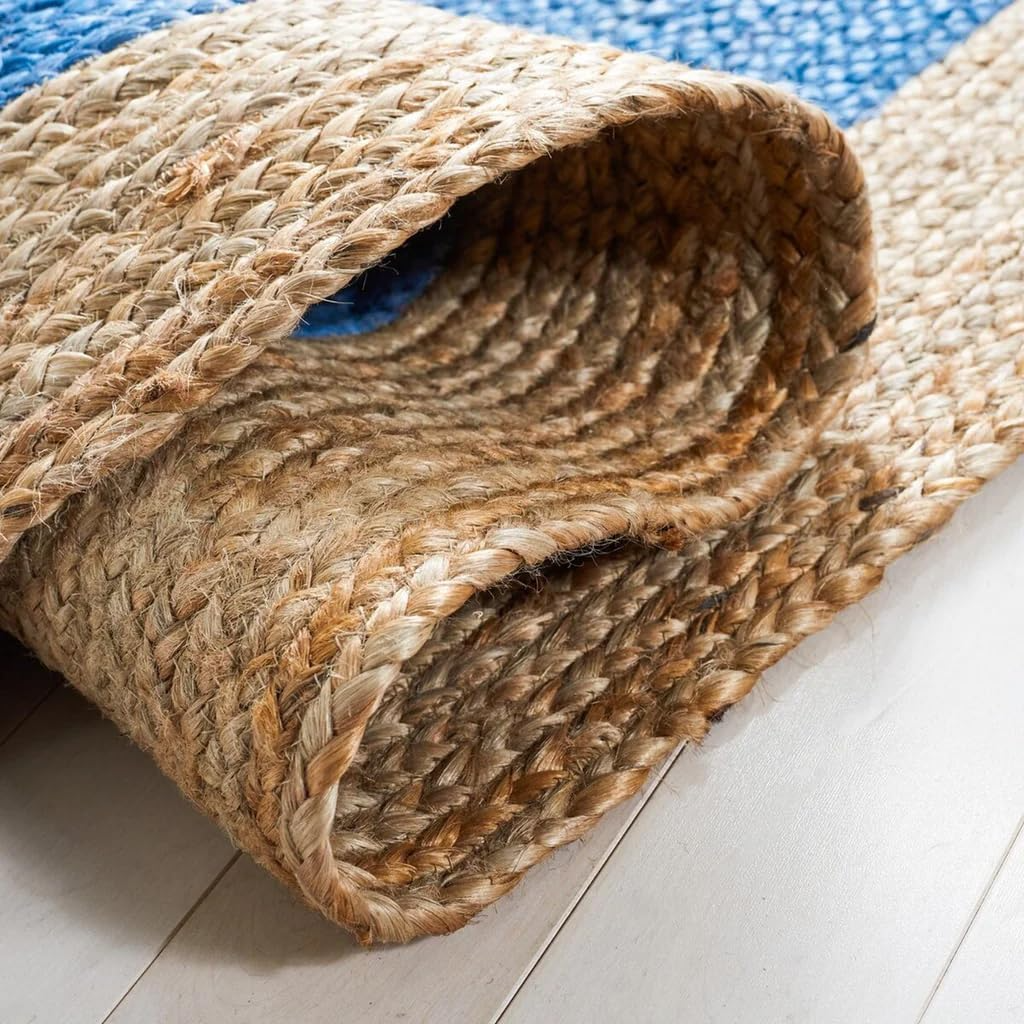 Handwoven Round Jute Rug Royal Blue & Natural Two-Tone Braided Area Rug