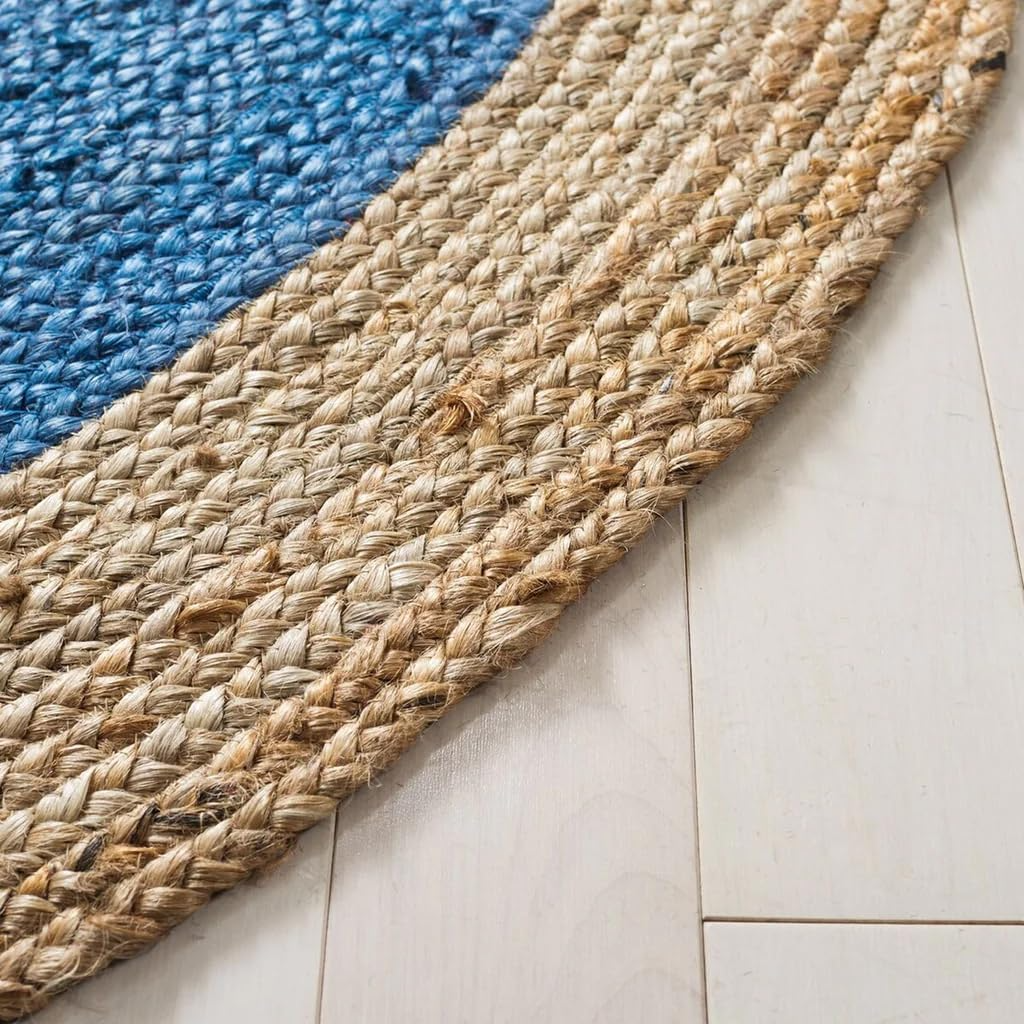 Handwoven Round Jute Rug Royal Blue & Natural Two-Tone Braided Area Rug