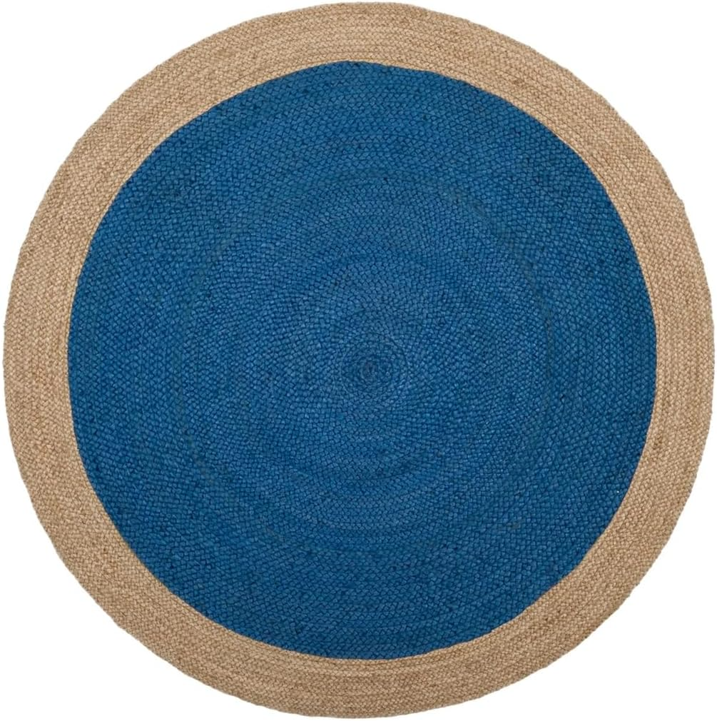 Handwoven Round Jute Rug Royal Blue & Natural Two-Tone Braided Area Rug