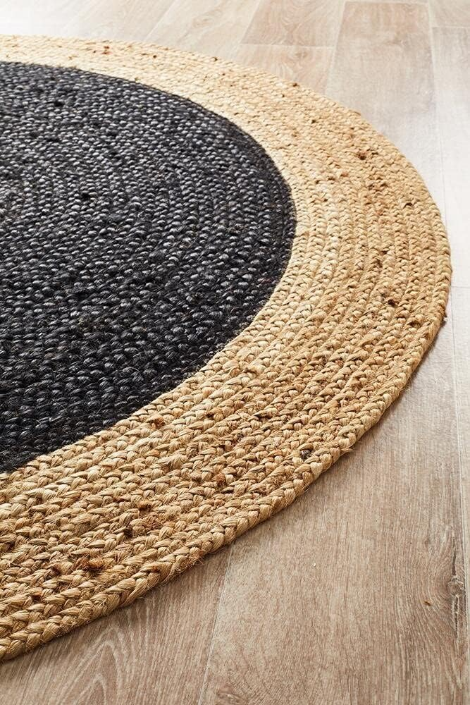 Handwoven Round Jute Rug Two-Tone Black & Natural Braided Area Rug
