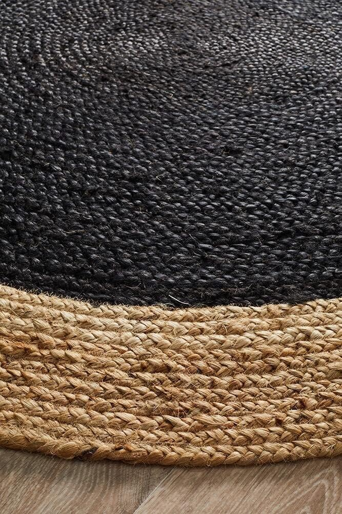 Handwoven Round Jute Rug Two-Tone Black & Natural Braided Area Rug
