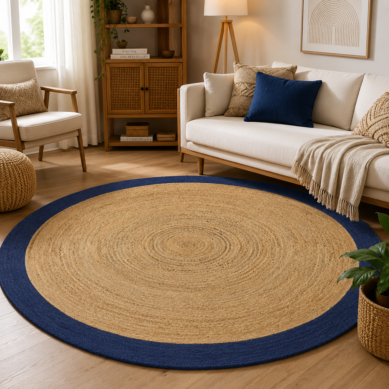 Handmade Natural Jute Round Rug with Navy Blue Border Braided Boho Area Rug