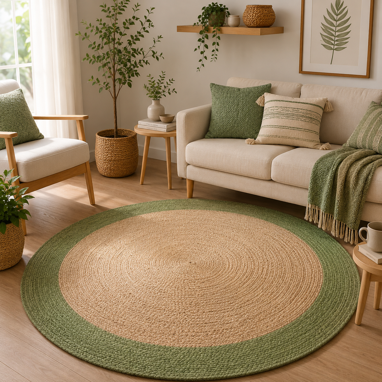 Round Green & Natural Jute Rug - Handwoven Oval Area Rug Boho Farmhouse Living
