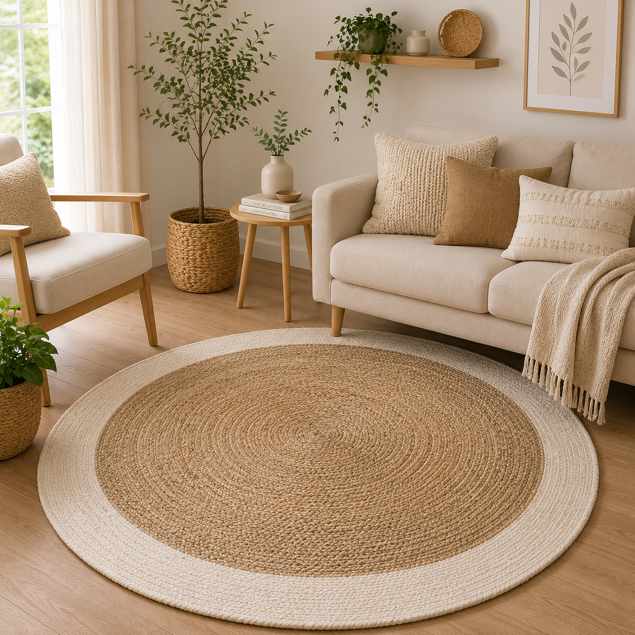 Round Jute Area Rug - Natural Beige Braided Boho Rug for Living Room