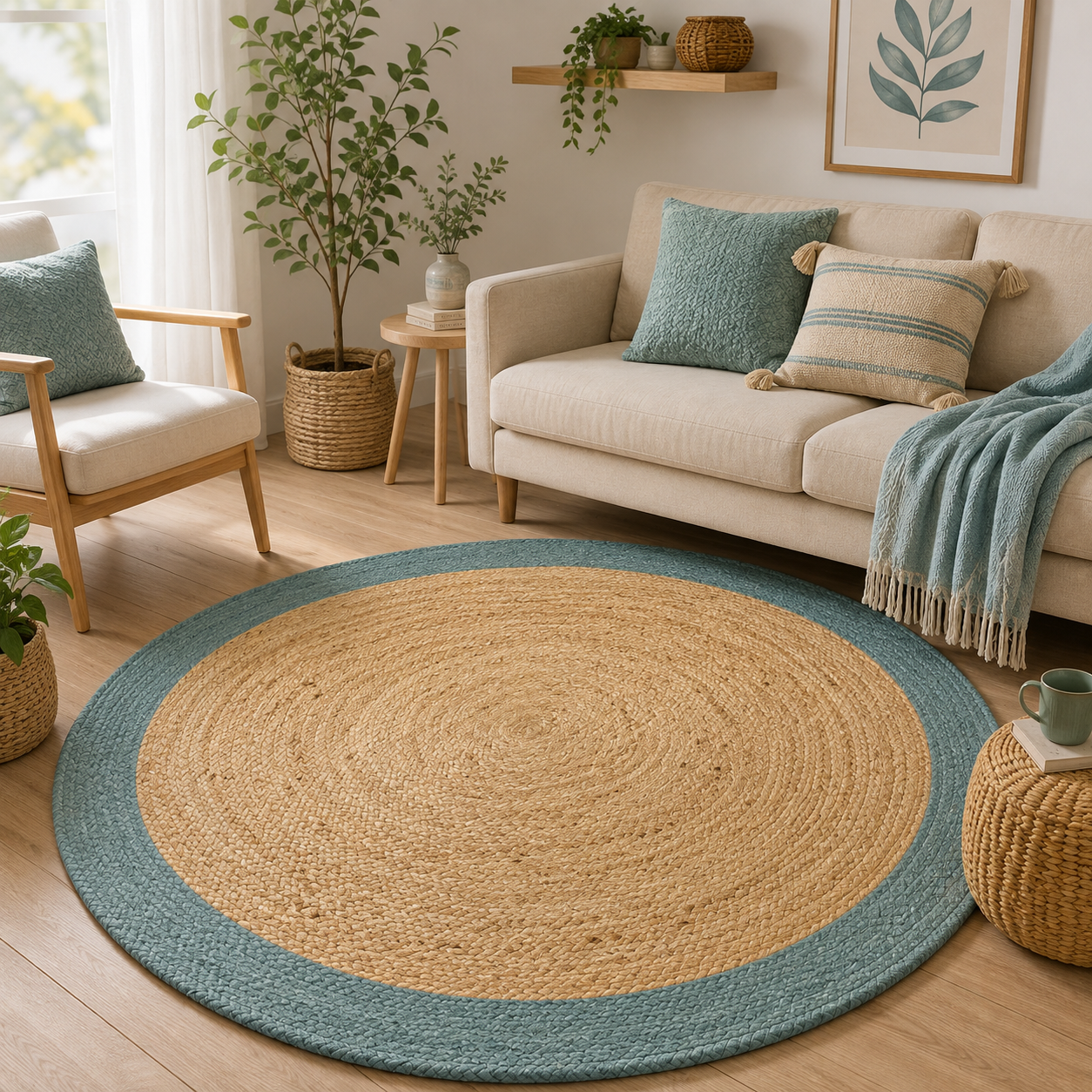 Handmade round natural jute braided rug with soft blue cotton border in a bright modern coastal living room interior