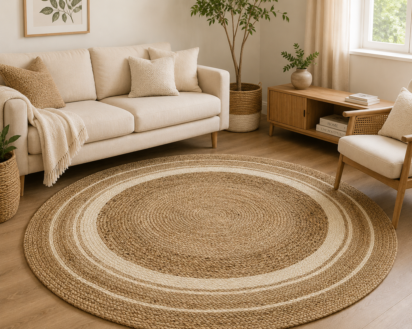 Natural Jute Round Rug Cream Braided Area Rug Boho Farmhouse Rug