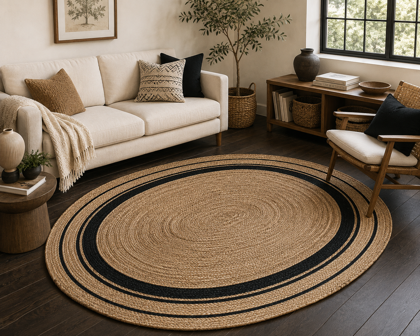 Black Jute  Rug Natural Braided Area Rug Black and Tan Boho Rug Farmhouse Living Room Rug