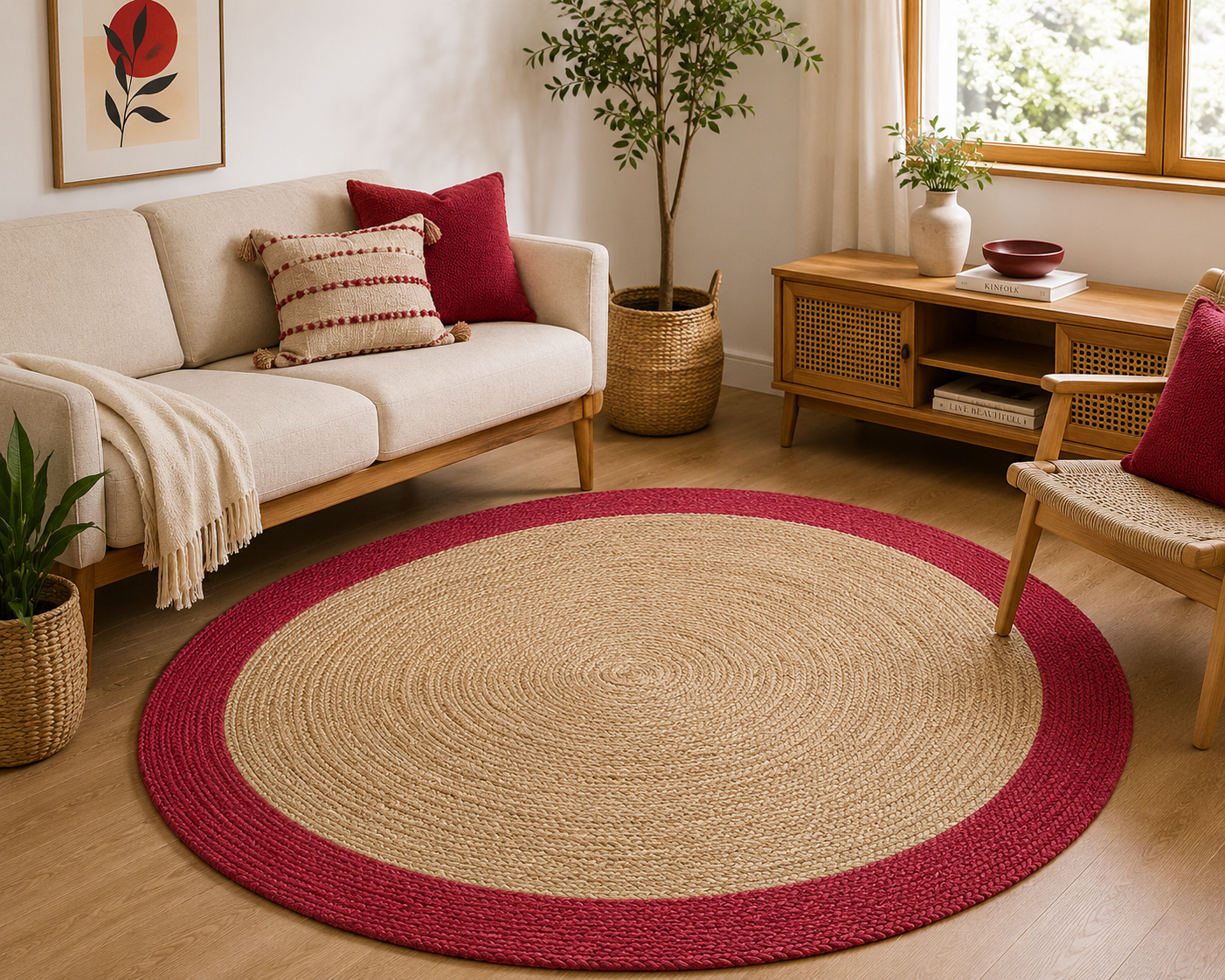 Red Jute Round Rug Natural Braided Area Rug Red Border Boho Rug Farmhouse Living Room Rug, Handmade Woven Rug