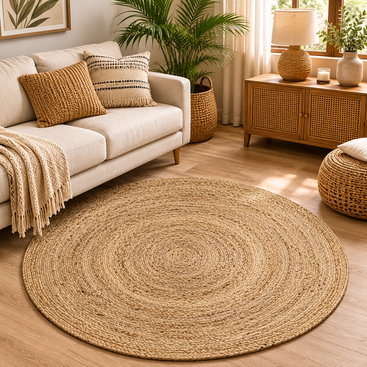 A handwoven, round natural jute area rug placed on a light wood floor in a cozy, brightly lit modern living room with a beige sofa and woven decor.