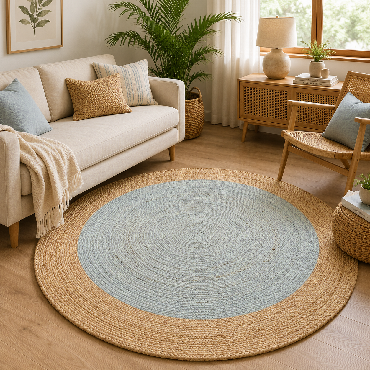 A two-tone round jute area rug featuring a muted light blue braided center and a natural tan woven border, laid on a light wood floor in a cozy coastal living room.