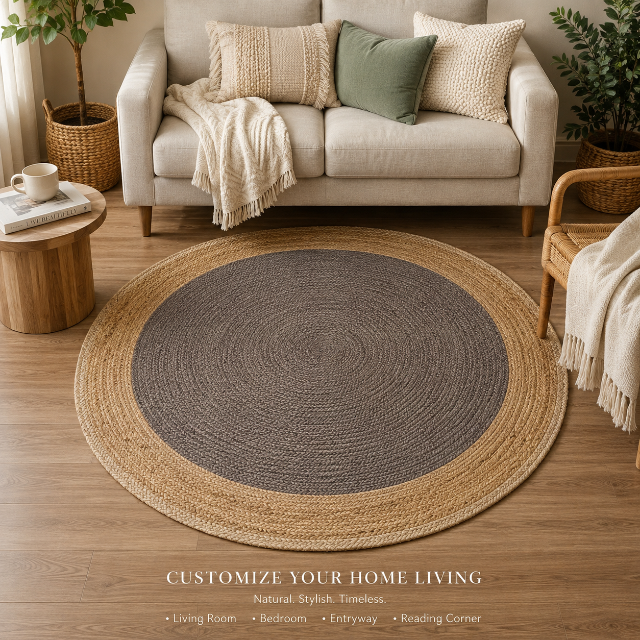 A charcoal grey and natural tan two-tone round braided jute rug on a wooden floor in a warm living room with a beige sofa, sage green pillow, and potted plants