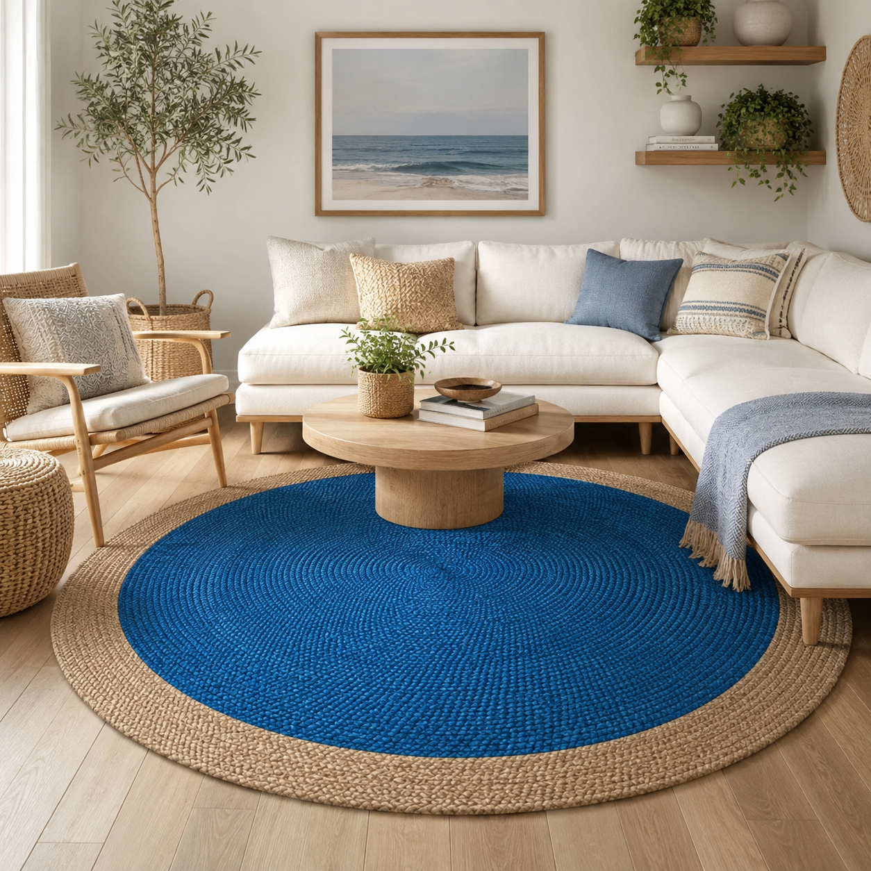 Handwoven Round Jute Rug Royal Blue & Natural Two-Tone Braided Area Rug
