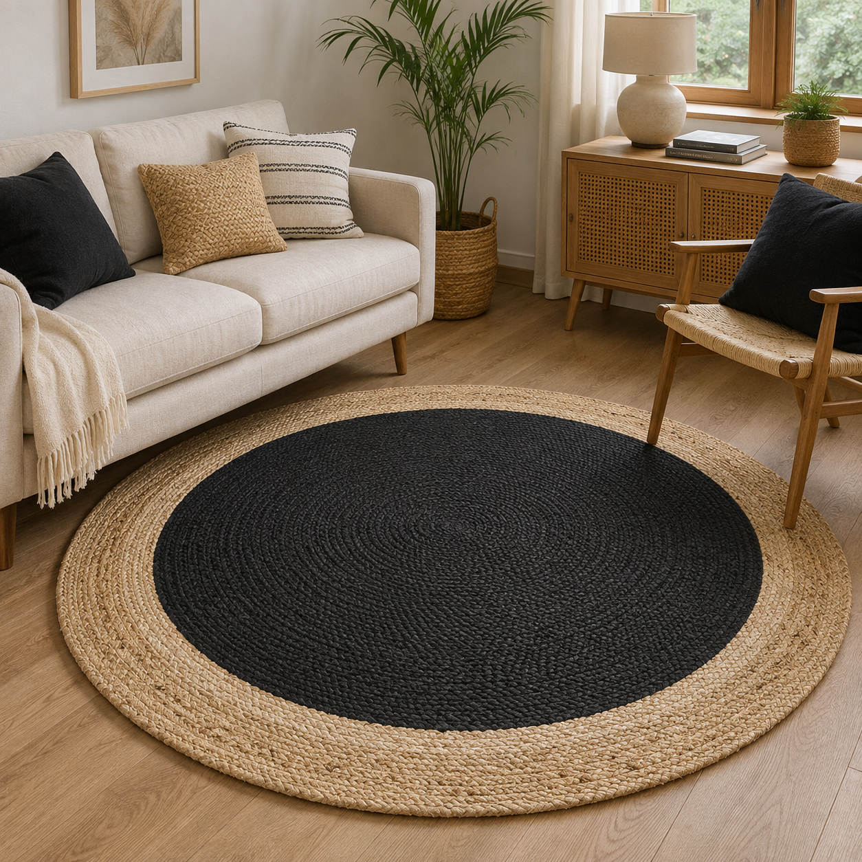 Handwoven Round Jute Rug Two-Tone Black & Natural Braided Area Rug