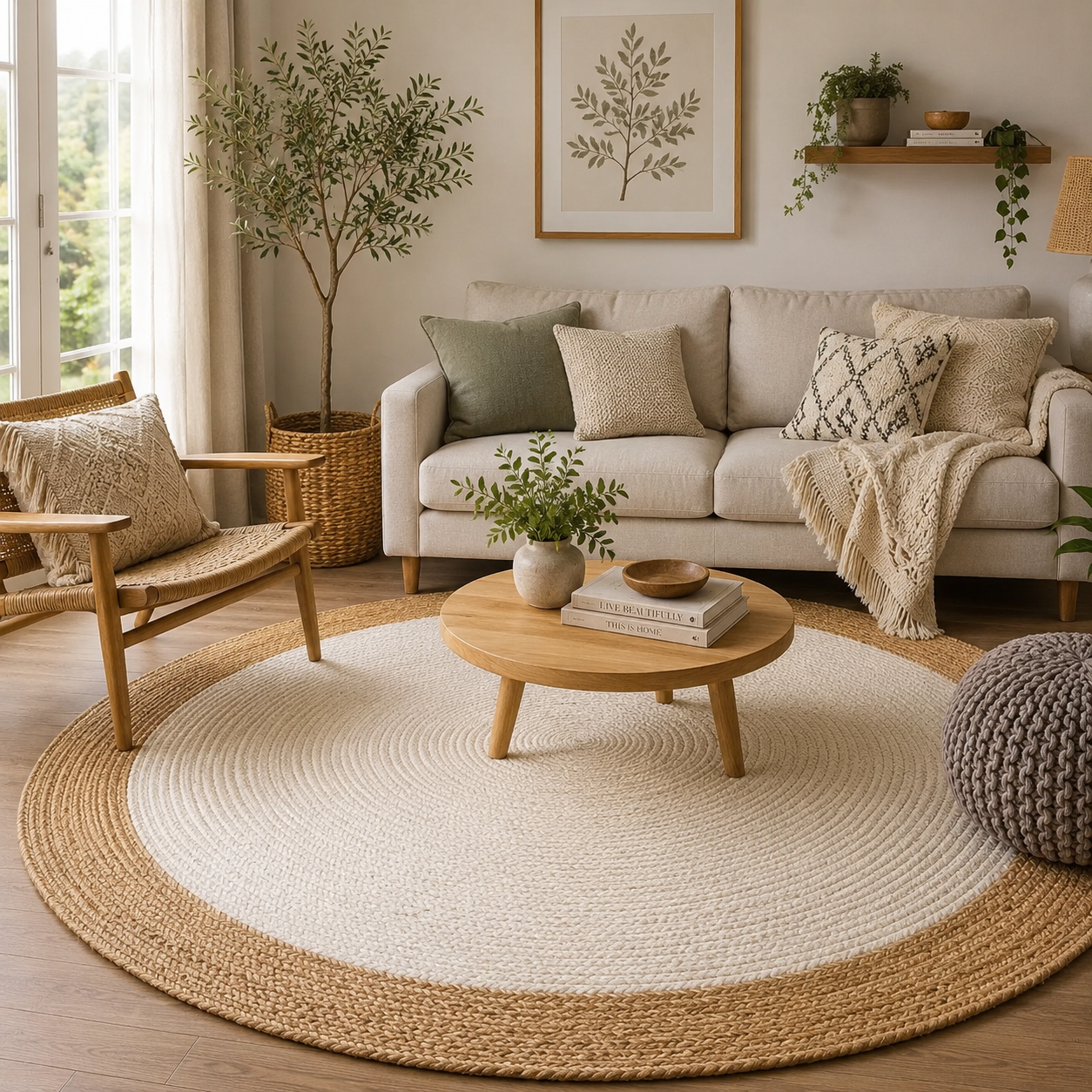 Handmade natural jute and ivory round rug with braided texture in a cozy neutral boho living room with a wooden coffee table and beige sofa.