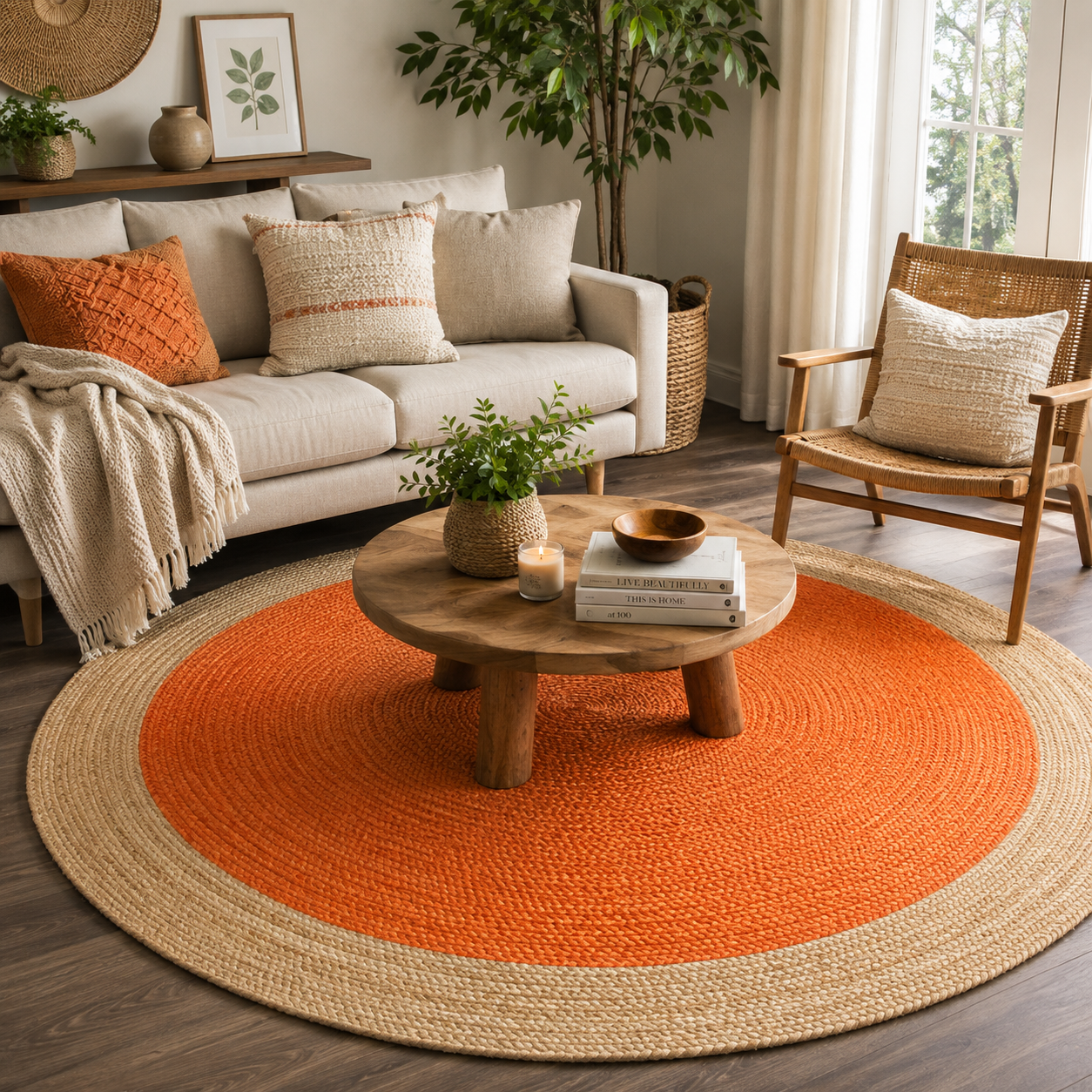 Handmade orange and natural jute round braided rug in a cozy boho living room with wooden coffee table and neutral sofa.