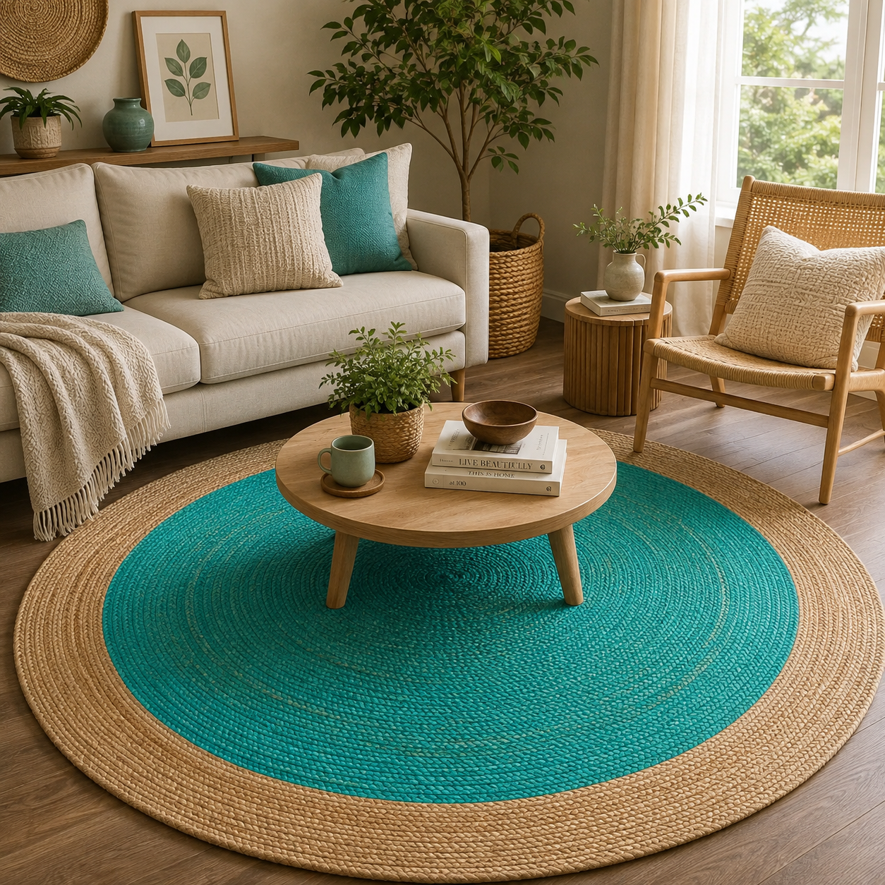 Turquoise Round Braided Jute Rug - Handmade Natural Border Area Rug