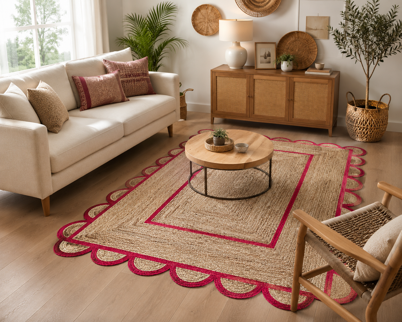Modern living room featuring a handmade natural jute area rug with a red scalloped border, braided texture, wooden furniture, and Scandinavian boho home décor.