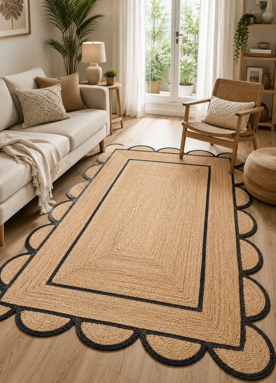 Handwoven natural jute area rug with black scalloped border in a modern Scandinavian living room featuring a cream sofa, wooden chair, and light wood flooring.
