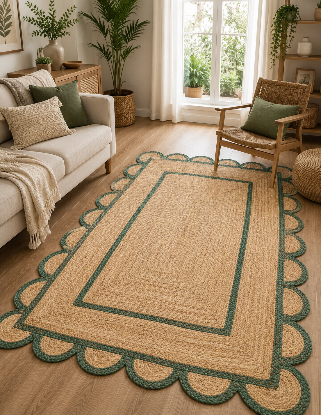 Handwoven natural jute area rug with green scalloped border placed in a modern Scandinavian living room featuring sustainable eco-friendly braided craftsmanship.