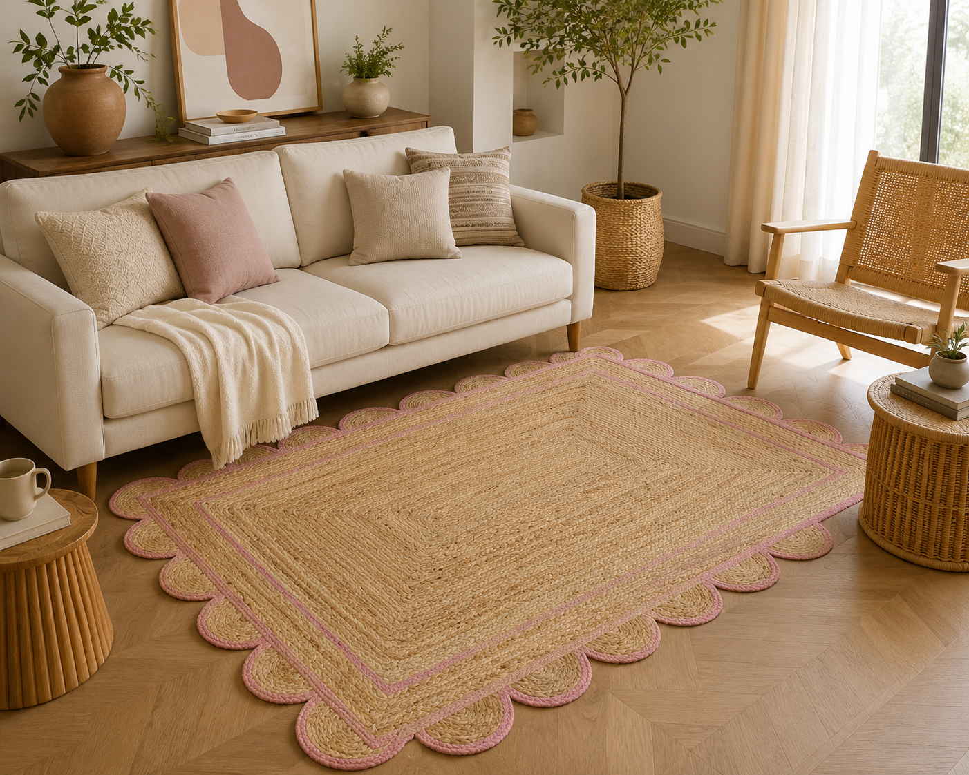 Handwoven natural jute area rug with soft pink scalloped border styled in a modern Scandinavian living room with cream sofa and wooden flooring.