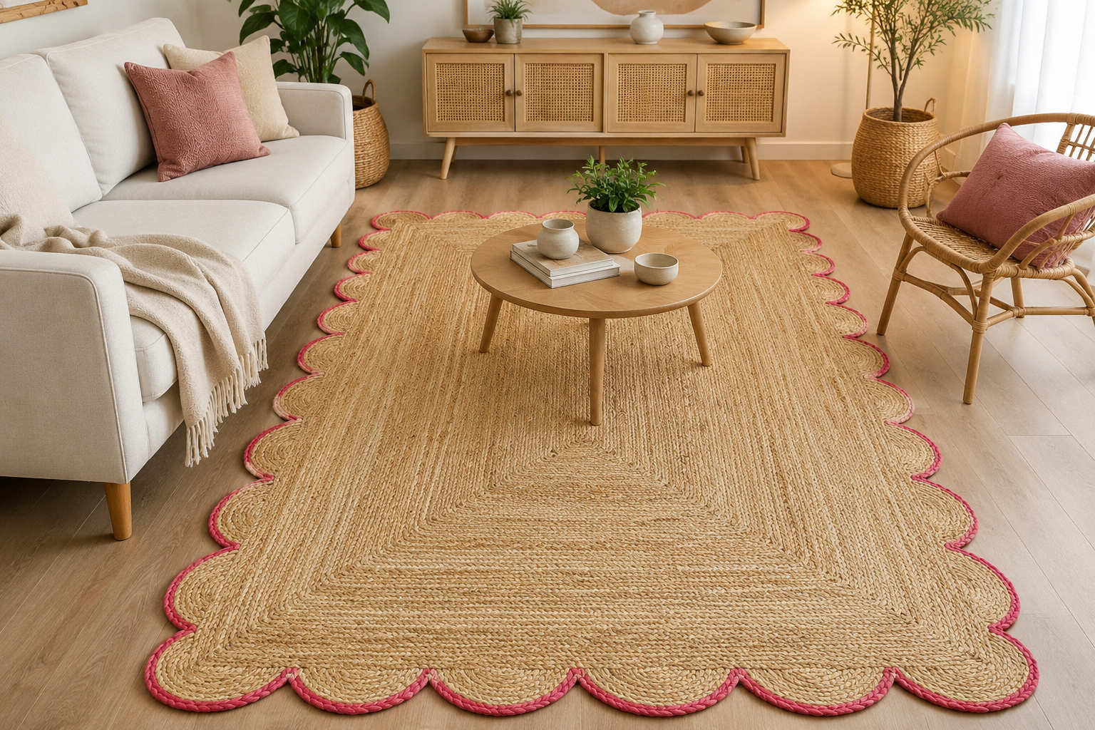Handwoven Natural Jute Rug with Pink Scalloped Border | Boho Farmhouse Area Rug | Eco-Friendly Braided Living Room Carpet
