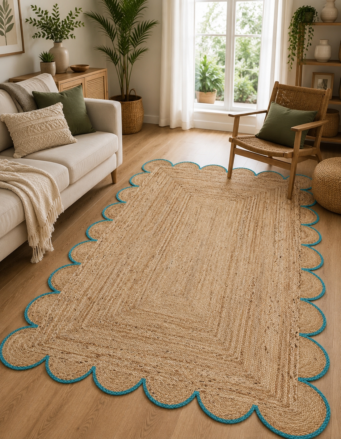 Handwoven Natural Jute Rug with Teal Scalloped Border | Eco-Friendly Boho Area Rug | Farmhouse Living Room Carpet