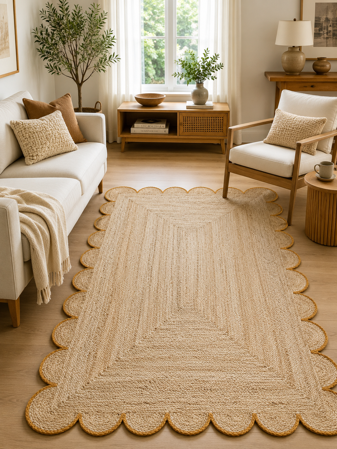 Handmade Natural Jute Scalloped Border Area Rug with Mustard Trim