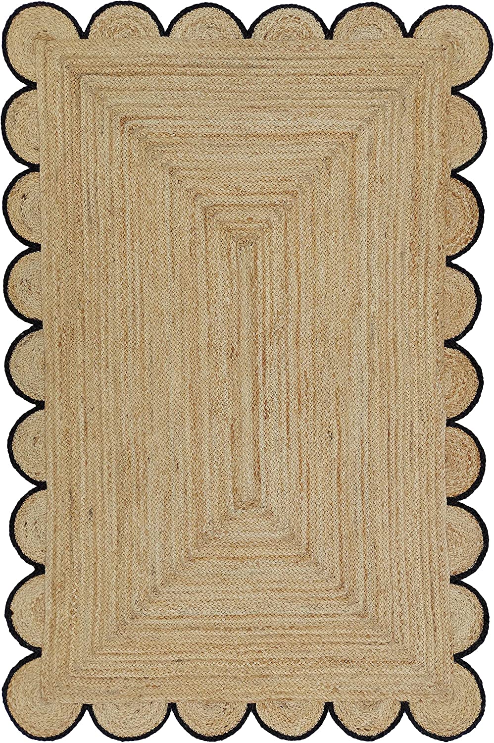 Handwoven Natural Jute Rug with Black Scalloped Border | Eco-Friendly Boho Farmhouse Area Rug | Handmade Natural Fiber Carpet