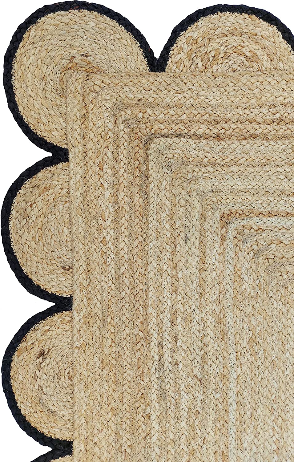 Handwoven Natural Jute Rug with Black Scalloped Border | Eco-Friendly Boho Farmhouse Area Rug | Handmade Natural Fiber Carpet