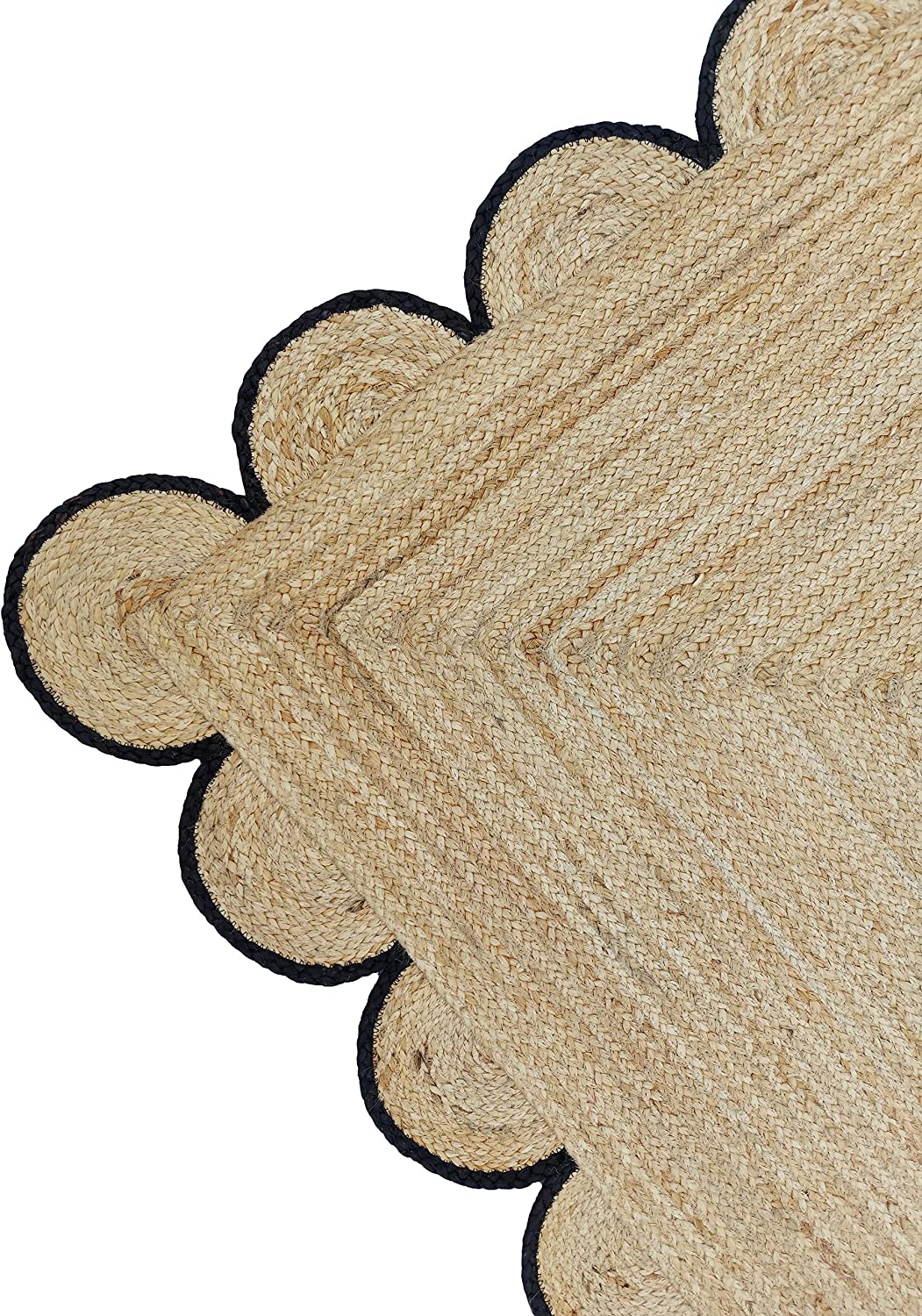 Handwoven Natural Jute Rug with Black Scalloped Border | Eco-Friendly Boho Farmhouse Area Rug | Handmade Natural Fiber Carpet
