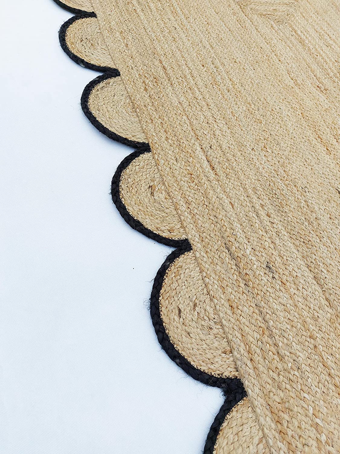 Handwoven Natural Jute Rug with Black Scalloped Border | Eco-Friendly Boho Farmhouse Area Rug | Handmade Natural Fiber Carpet