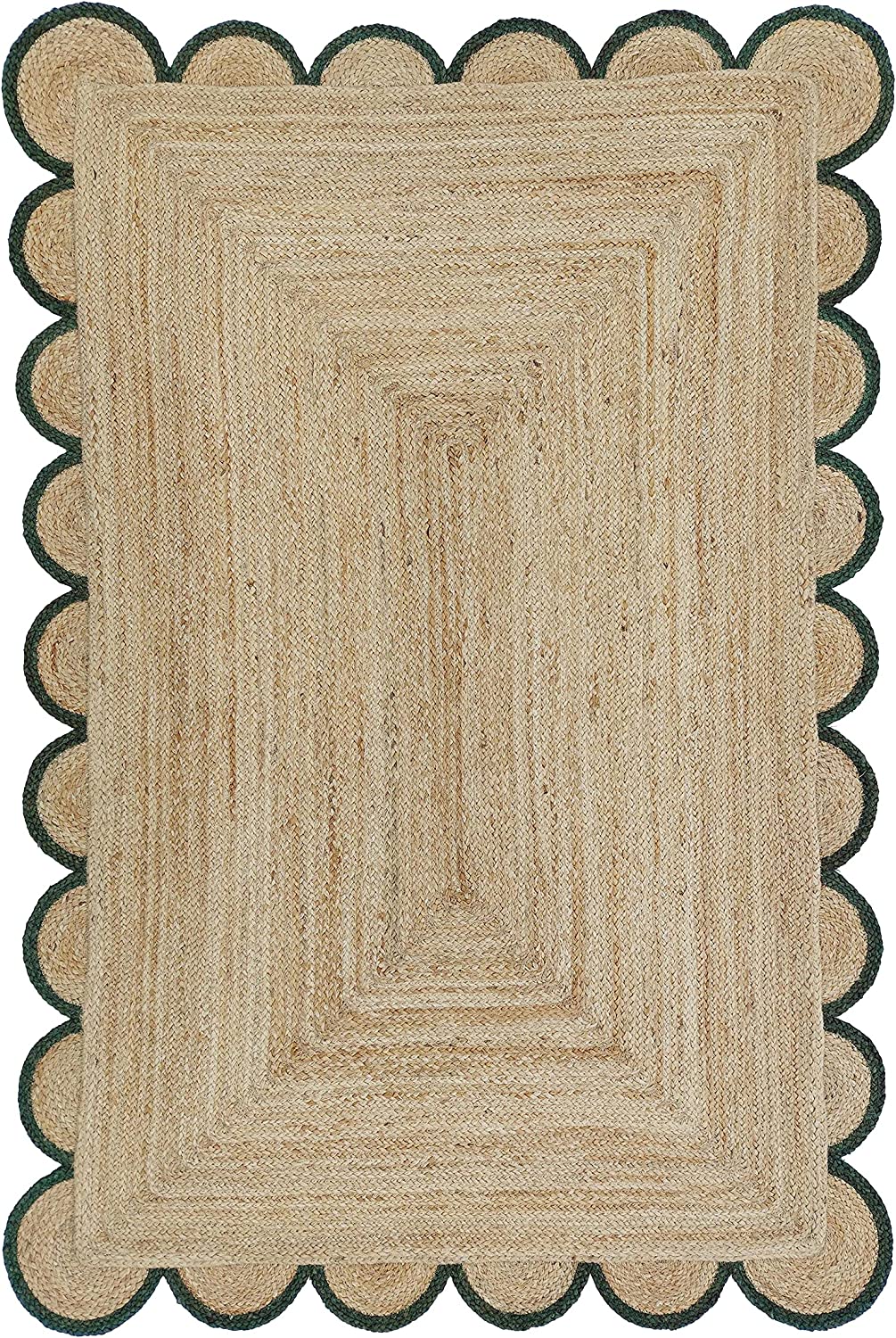 Handwoven Natural Jute Rug with Forest Green Scalloped Border | Eco-Friendly Boho Farmhouse Area Rug | Handmade Natural Fiber Carpet
