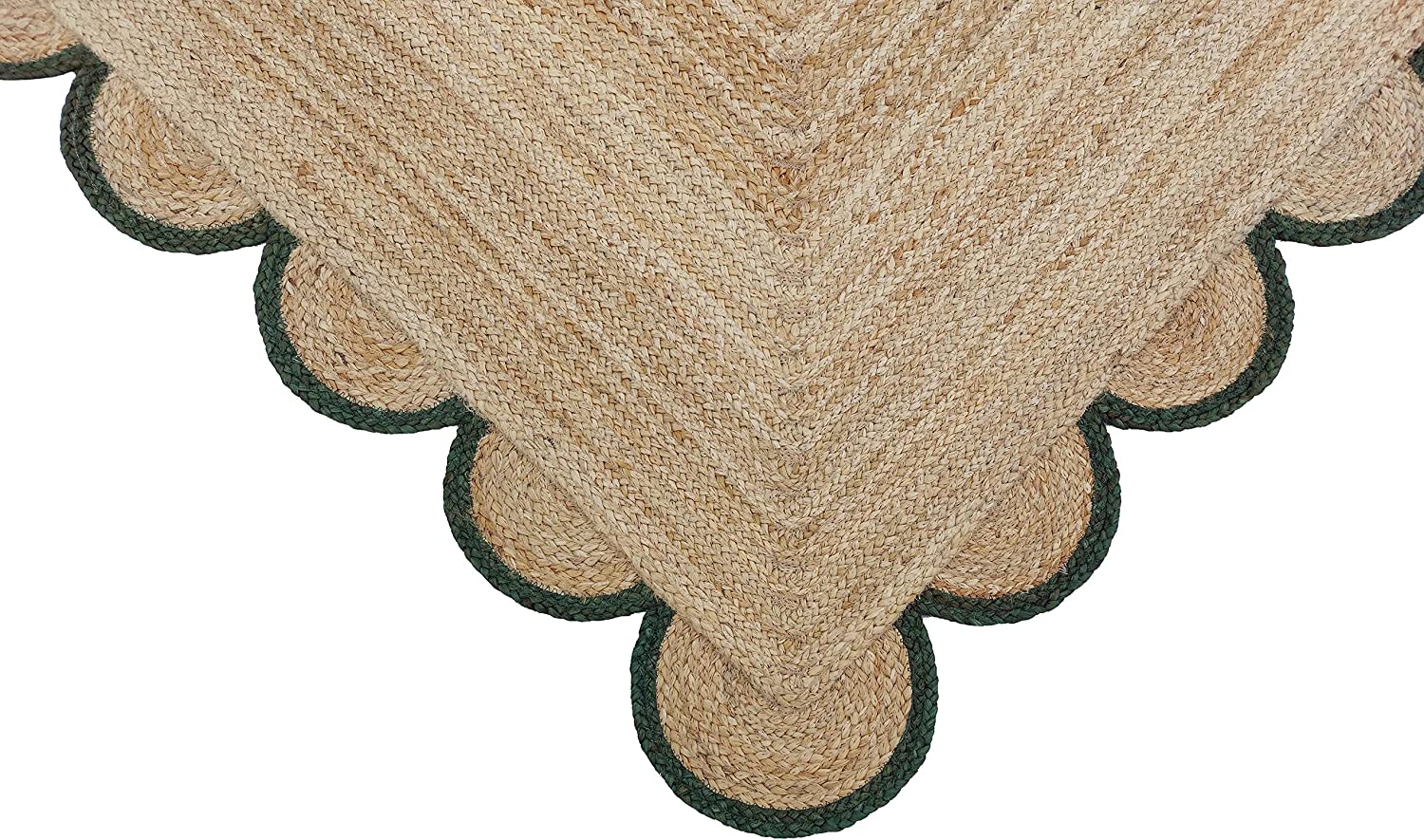 Handwoven Natural Jute Rug with Forest Green Scalloped Border | Eco-Friendly Boho Farmhouse Area Rug | Handmade Natural Fiber Carpet