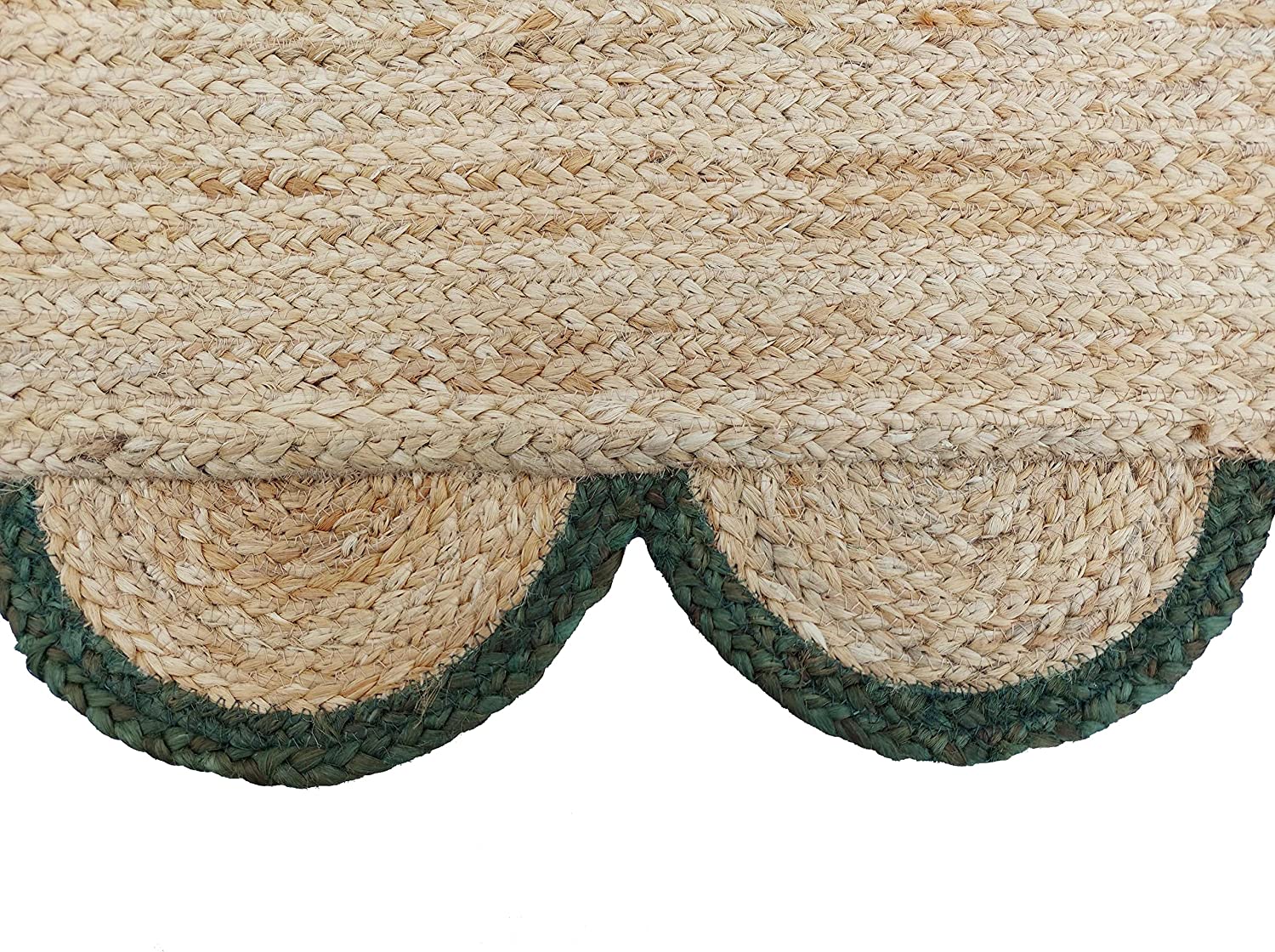 Handwoven Natural Jute Rug with Forest Green Scalloped Border | Eco-Friendly Boho Farmhouse Area Rug | Handmade Natural Fiber Carpet