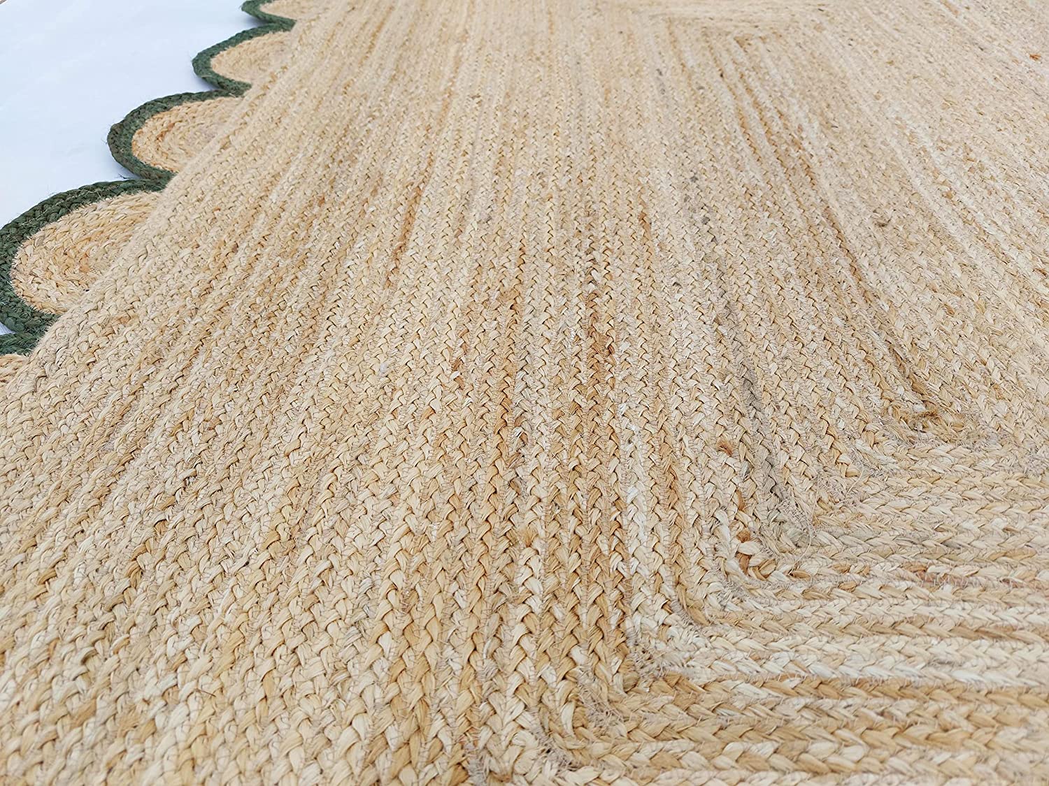 Handwoven Natural Jute Rug with Forest Green Scalloped Border | Eco-Friendly Boho Farmhouse Area Rug | Handmade Natural Fiber Carpet