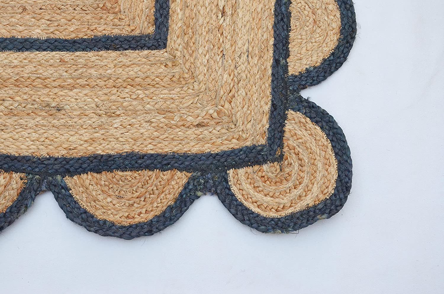Handwoven Natural Jute Area Rug with Navy Blue Scalloped Border Boho Farmhouse Living Room