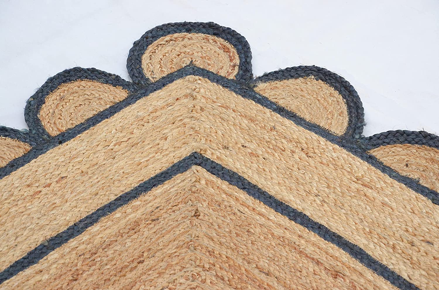 Handwoven Natural Jute Area Rug with Navy Blue Scalloped Border Boho Farmhouse Living Room