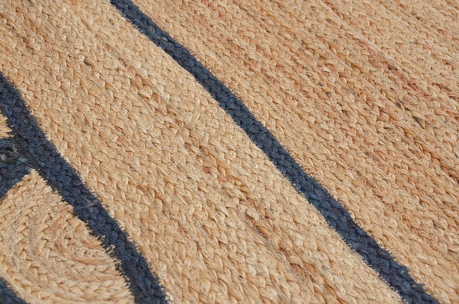 Handwoven Natural Jute Area Rug with Navy Blue Scalloped Border Boho Farmhouse Living Room