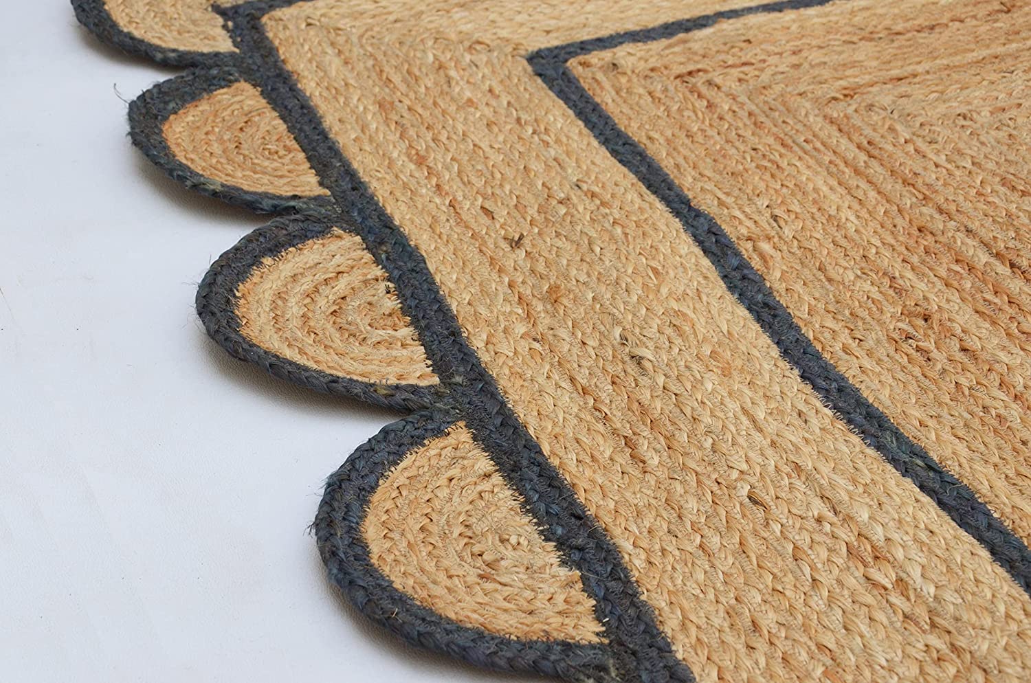 Handwoven Natural Jute Area Rug with Navy Blue Scalloped Border Boho Farmhouse Living Room