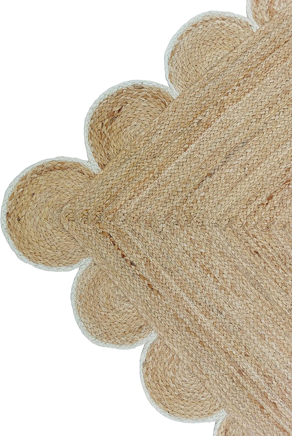Handmade Natural Jute Scalloped Border Area Rug with White Trim