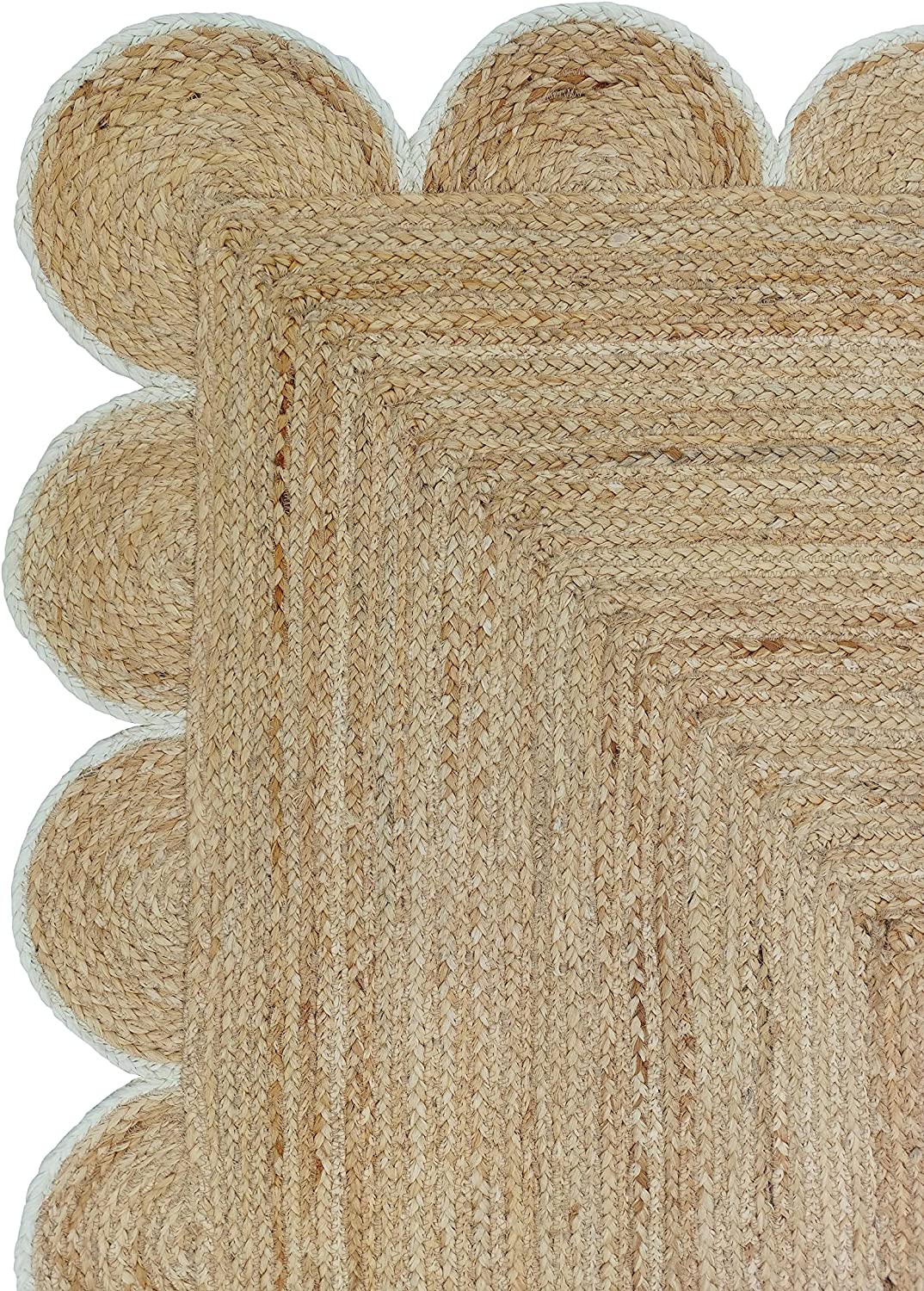 Handmade Natural Jute Scalloped Border Area Rug with White Trim