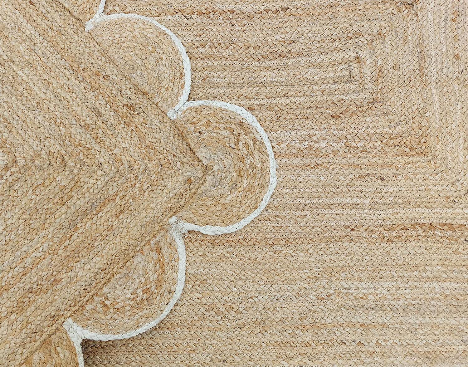 Handmade Natural Jute Scalloped Border Area Rug with White Trim