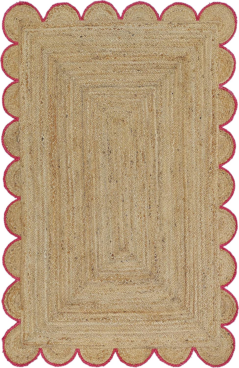 Handwoven Natural Jute Rug with Pink Scalloped Border | Boho Farmhouse Area Rug | Eco-Friendly Braided Living Room Carpet