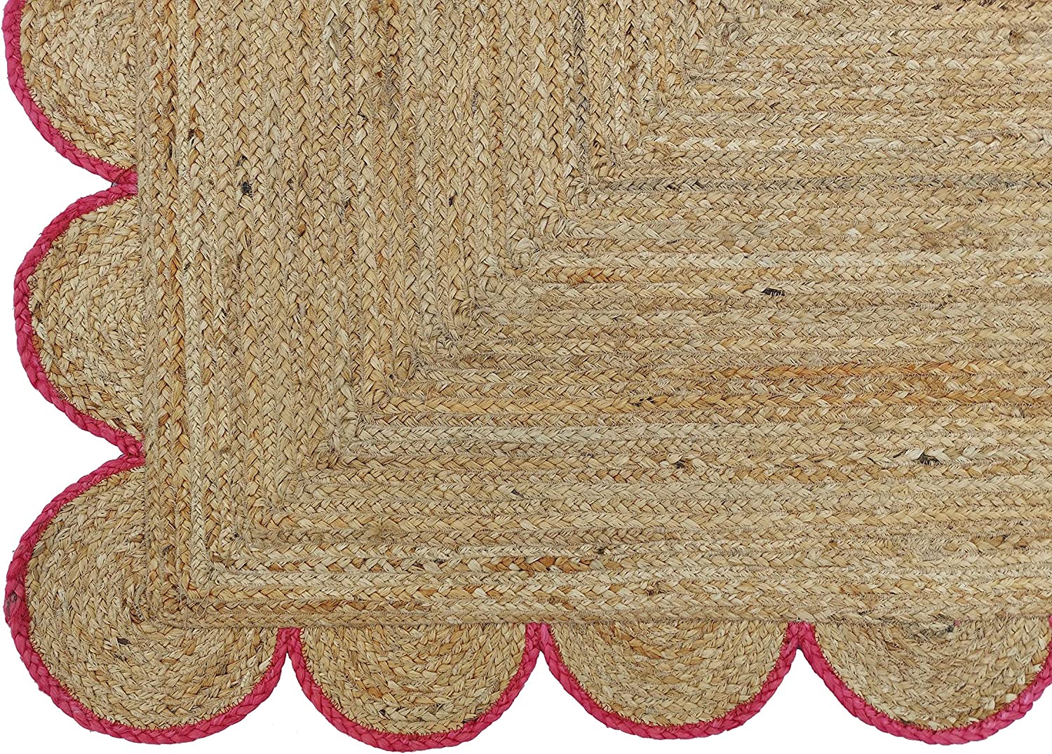 Handwoven Natural Jute Rug with Pink Scalloped Border | Boho Farmhouse Area Rug | Eco-Friendly Braided Living Room Carpet
