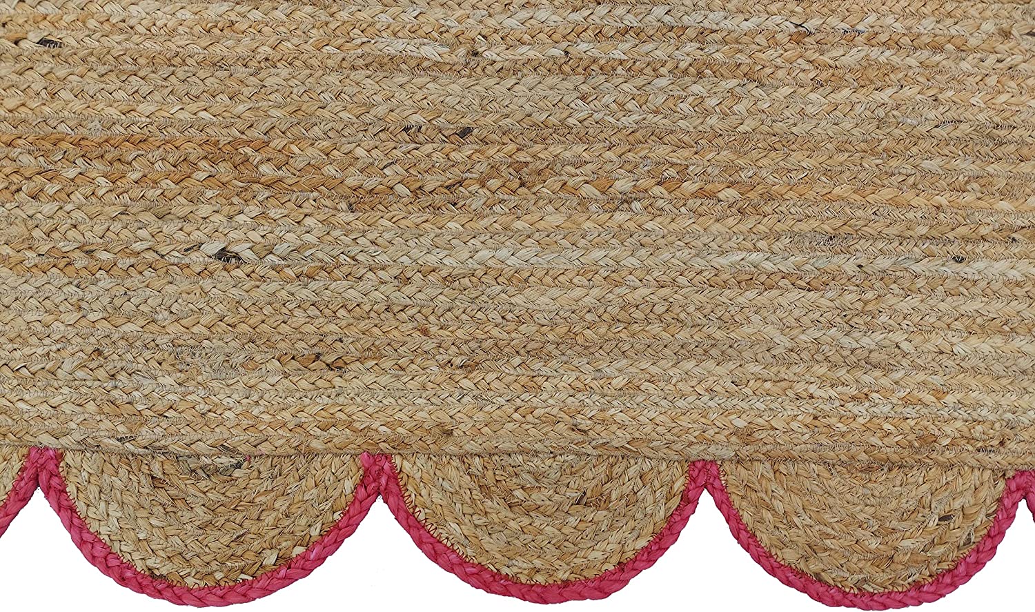 Handwoven Natural Jute Rug with Pink Scalloped Border | Boho Farmhouse Area Rug | Eco-Friendly Braided Living Room Carpet