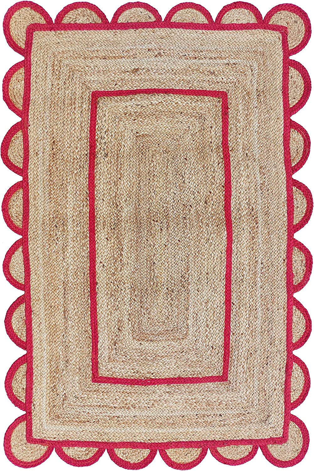 Modern living room featuring a handmade natural jute area rug with a red scalloped border, braided texture, wooden furniture, and Scandinavian boho home décor.